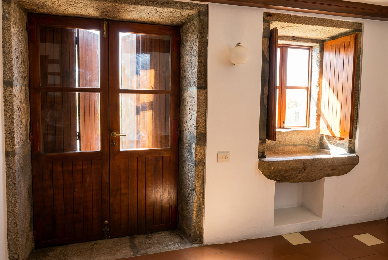 Entrada con puerta de madera y ventana de granito tallada