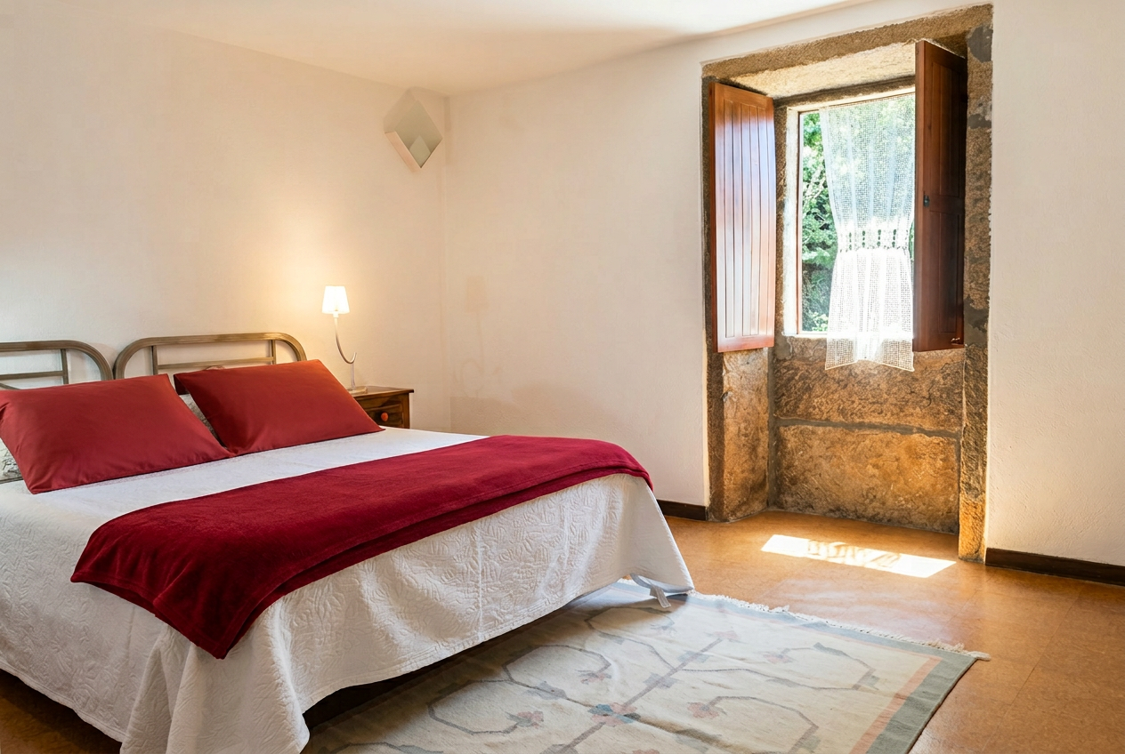 Habitación de matrimonio con ventana de granito al jardín