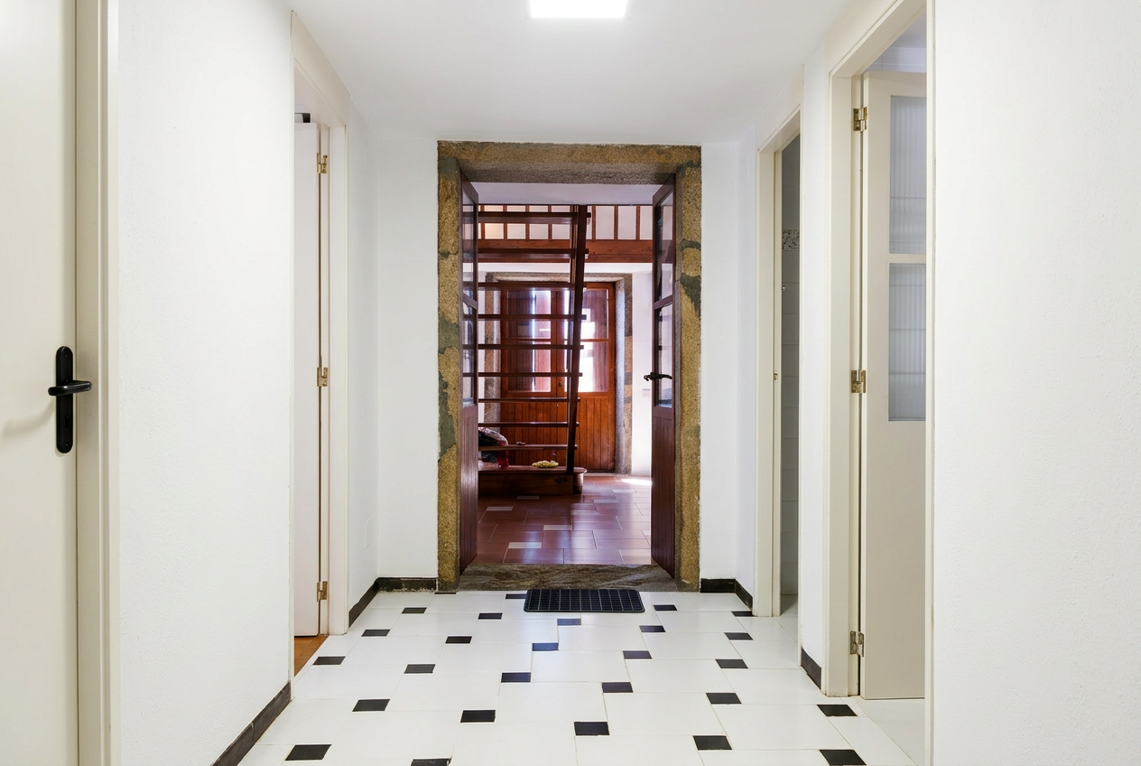 Pasillo interior con suelo blanco y negro y umbral de granito