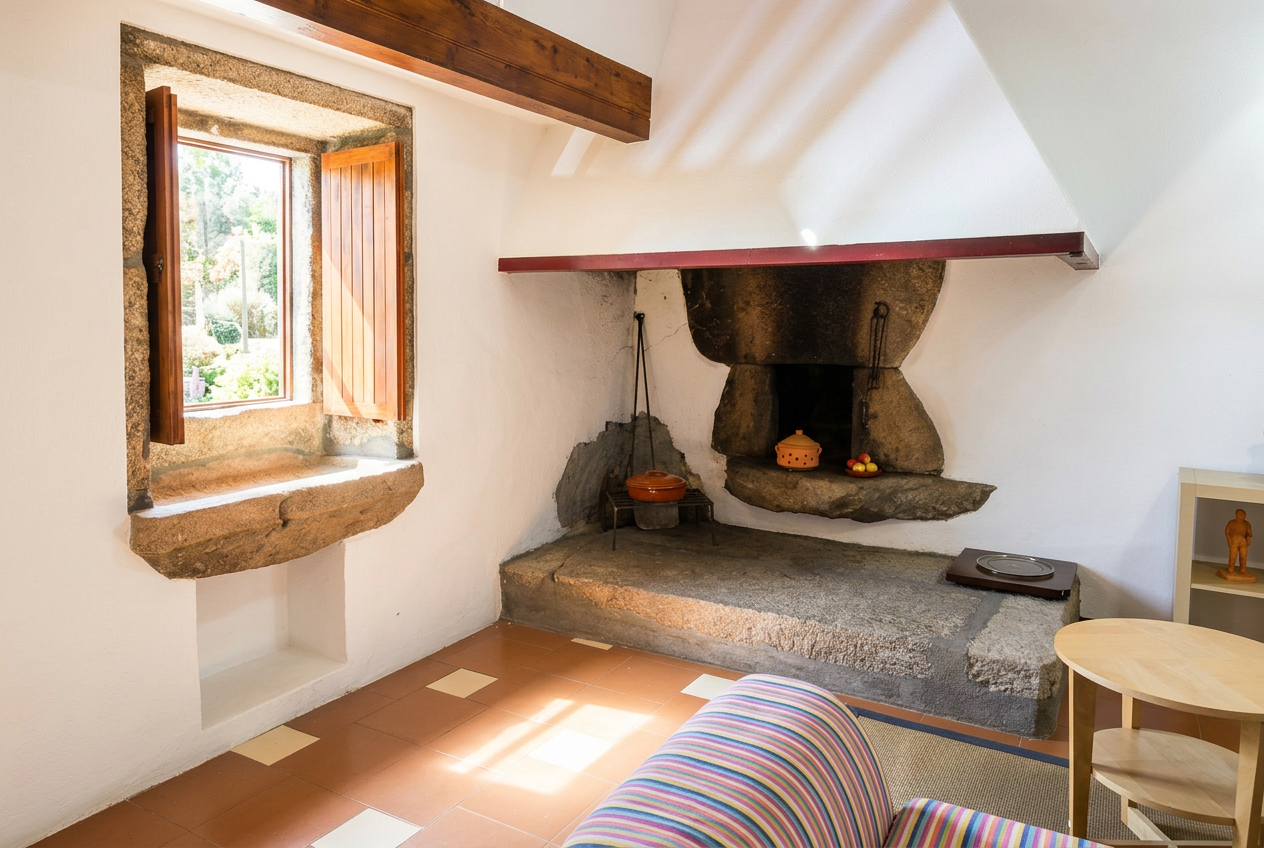 Chimenea de leña con marco de granito y ventana al jardín