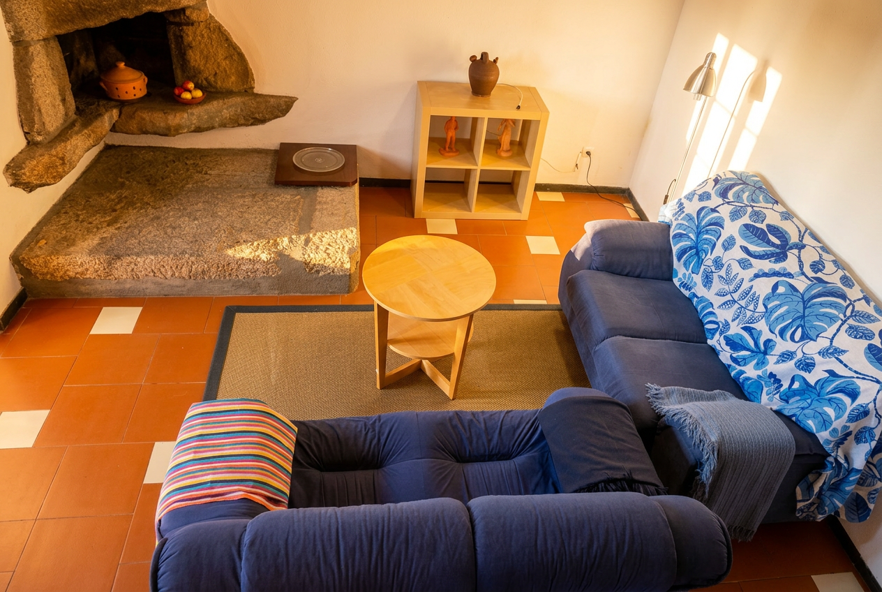 Salón con sofás y chimenea de granito